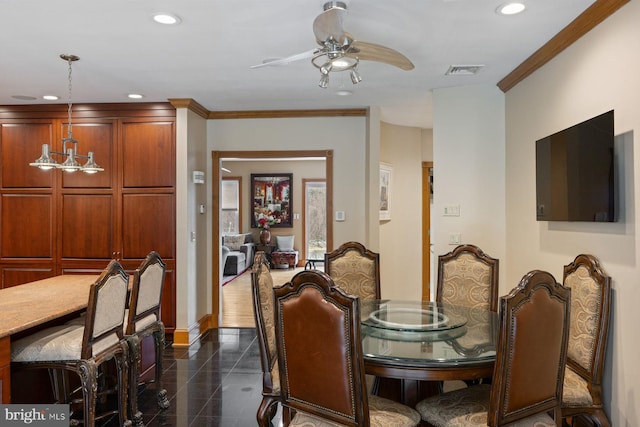 dining space with ceiling fan, recessed lighting, visible vents, baseboards, and crown molding