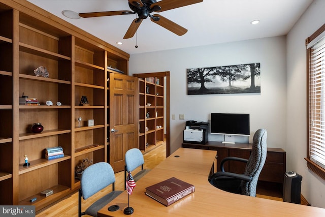 office with ceiling fan, wood finished floors, and recessed lighting