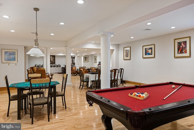 rec room featuring recessed lighting, visible vents, light wood-style flooring, and ornate columns