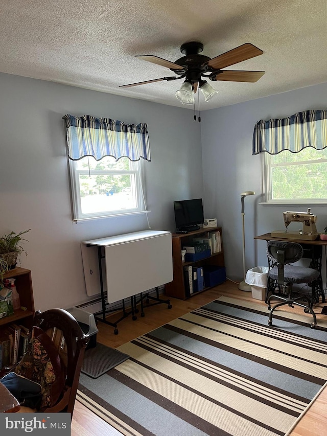 home office featuring a textured ceiling, wood finished floors, and a healthy amount of sunlight