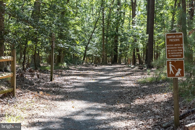 view of road with a forest view