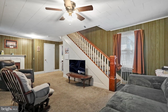 carpeted living room featuring wood walls, stairway, and crown molding