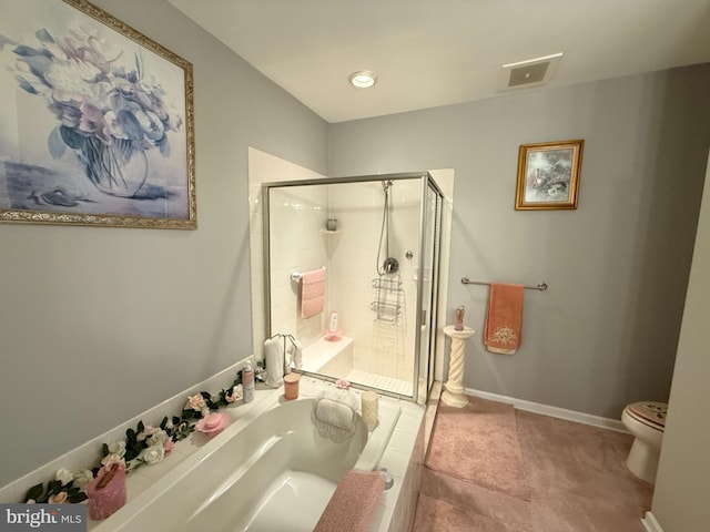 bathroom featuring tile patterned flooring, visible vents, baseboards, a shower stall, and a bath