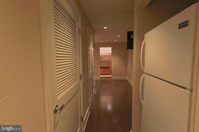 hallway featuring recessed lighting, a drop ceiling, dark wood-type flooring, and a textured wall