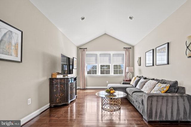 living area featuring vaulted ceiling, baseboards, and dark wood-style flooring