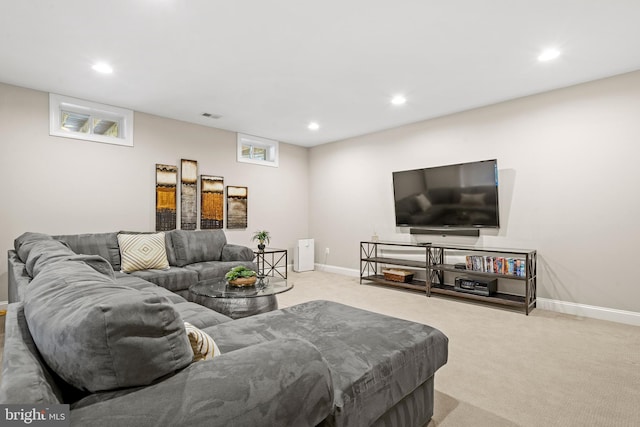 living room featuring carpet flooring, recessed lighting, baseboards, and visible vents