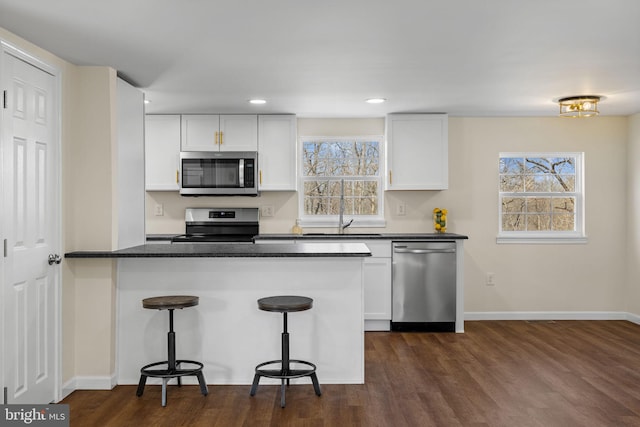 kitchen featuring plenty of natural light, appliances with stainless steel finishes, a breakfast bar area, and a sink