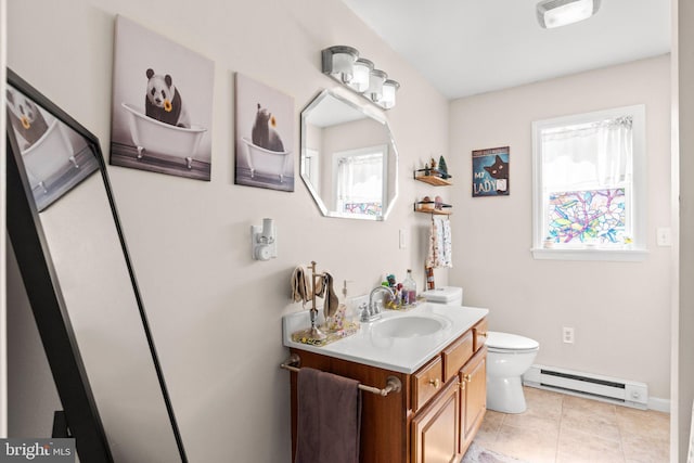 bathroom featuring tile patterned floors, visible vents, toilet, baseboard heating, and vanity
