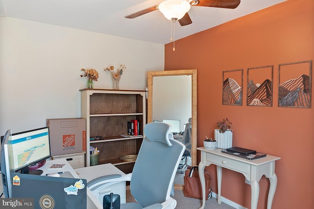 office featuring carpet and a ceiling fan