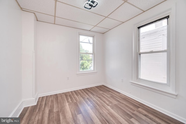 unfurnished room with wood finished floors, baseboards, and a drop ceiling