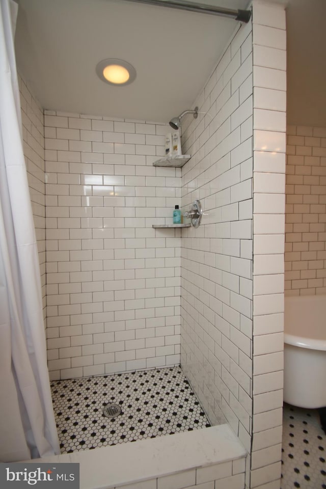 bathroom featuring a shower stall and a tub