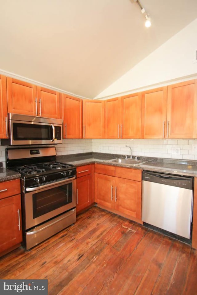 kitchen featuring a sink, stainless steel appliances, dark wood-type flooring, and vaulted ceiling