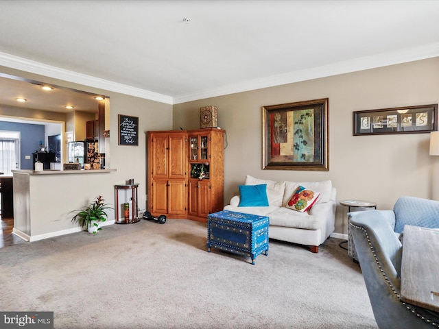 living room featuring baseboards, carpet flooring, and crown molding