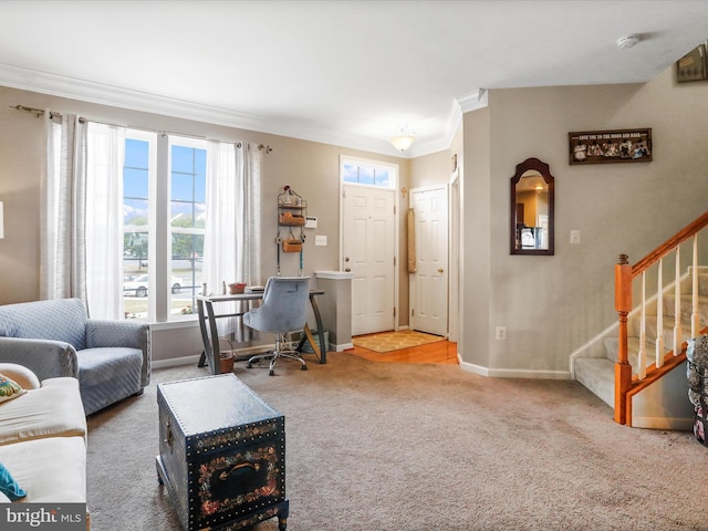 living room featuring carpet floors, plenty of natural light, stairway, and crown molding