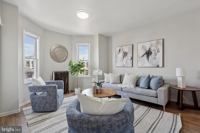 living room with baseboards, wood finished floors, and radiator heating unit