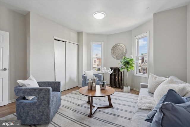 living area with radiator heating unit, baseboards, and wood finished floors