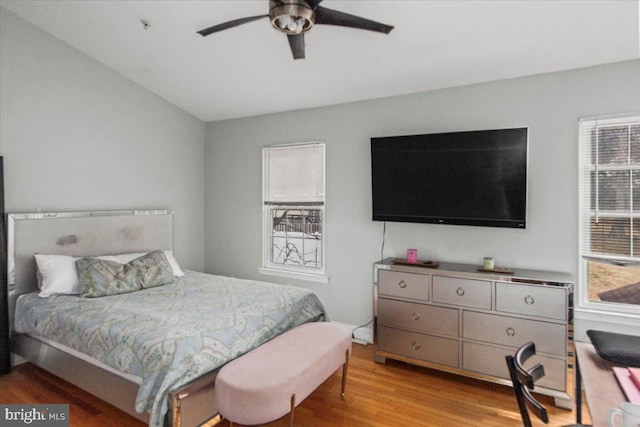 bedroom with light wood-style floors, ceiling fan, and multiple windows