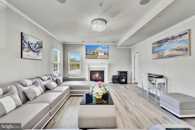 living area with a glass covered fireplace, crown molding, wood finished floors, and baseboards