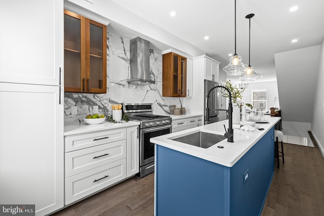 kitchen with stainless steel appliances, dark wood-style flooring, a sink, backsplash, and wall chimney exhaust hood