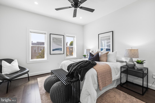 bedroom with recessed lighting, ceiling fan, baseboards, and hardwood / wood-style flooring