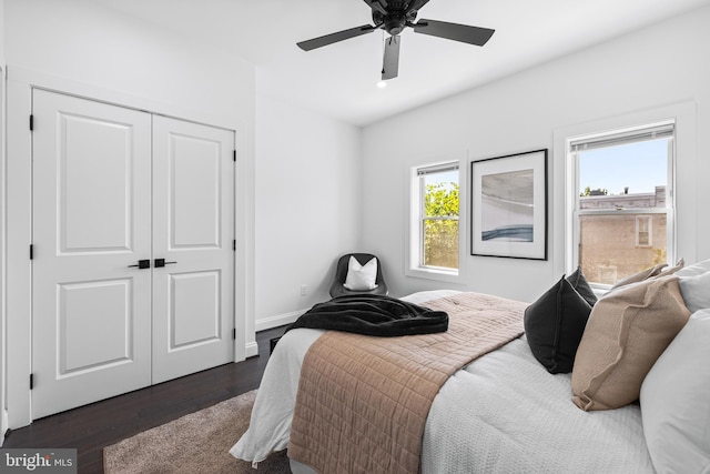 bedroom featuring ceiling fan, a closet, baseboards, and dark wood-type flooring