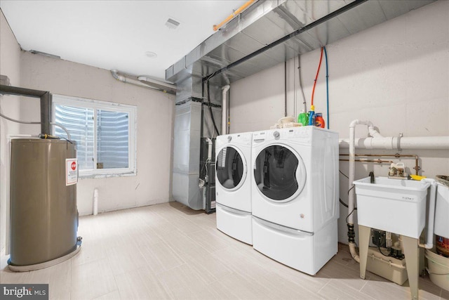 laundry room with laundry area, water heater, and washing machine and clothes dryer