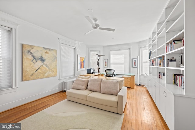 living area featuring light wood-style floors, radiator, ceiling fan, and baseboards