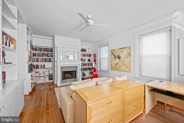 interior space featuring ceiling fan, a fireplace, and hardwood / wood-style flooring