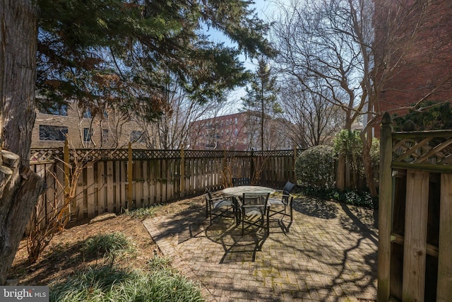 view of patio featuring a fenced backyard and outdoor dining space