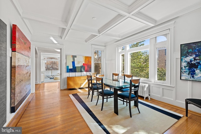 dining room featuring beam ceiling, coffered ceiling, a decorative wall, and radiator heating unit