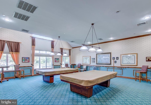 game room with carpet, visible vents, and wallpapered walls