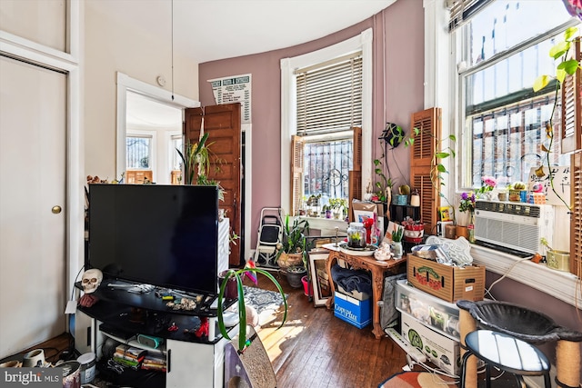 miscellaneous room featuring a healthy amount of sunlight, cooling unit, and hardwood / wood-style floors