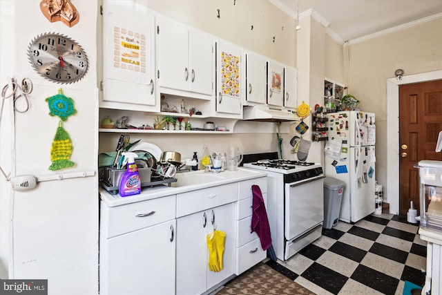 kitchen with white appliances, dark floors, ornamental molding, under cabinet range hood, and open shelves