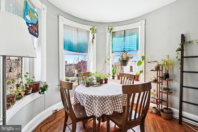 dining space with baseboards, a wealth of natural light, and wood finished floors