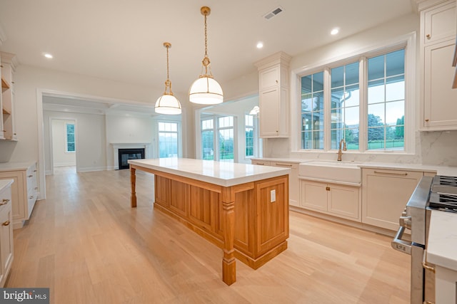 kitchen featuring a wealth of natural light, light wood-style flooring, visible vents, and a center island