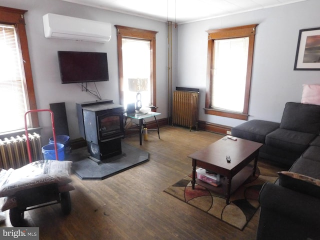 living area featuring a wall mounted AC, wood finished floors, a wood stove, and radiator