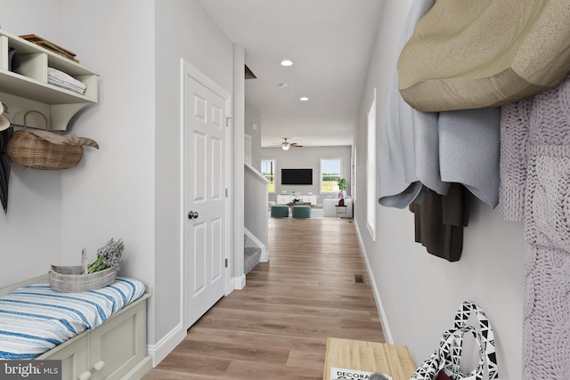 mudroom with a ceiling fan, light wood-type flooring, baseboards, and recessed lighting