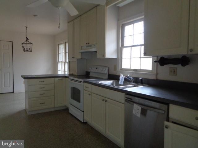 kitchen featuring extractor fan, electric range, a sink, stainless steel dishwasher, and dark countertops