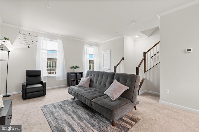 living room with ornamental molding, light colored carpet, stairway, and baseboards