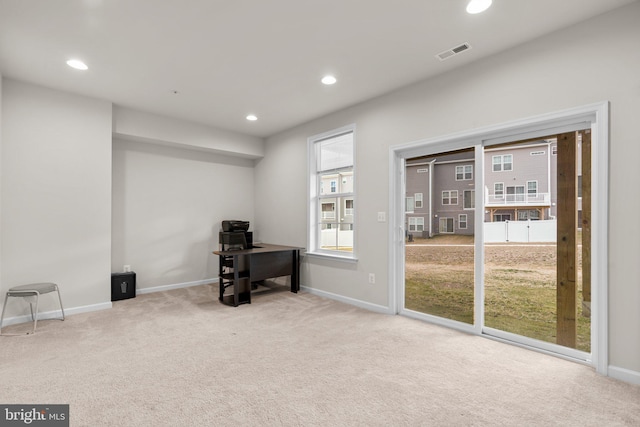 interior space featuring baseboards, carpet floors, visible vents, and recessed lighting