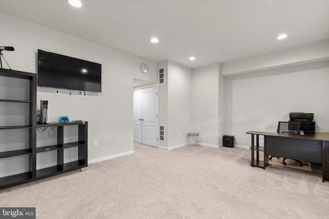 home office featuring baseboards, carpet flooring, and recessed lighting