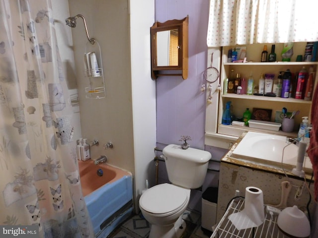 bathroom with shower / bath combination with curtain and toilet