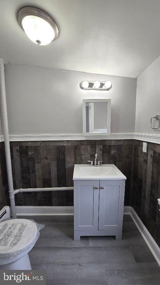 bathroom with a wainscoted wall, wood finished floors, and vanity