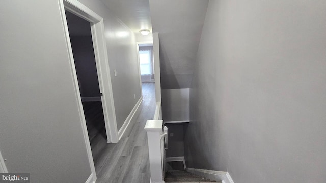 stairway with baseboards and wood finished floors