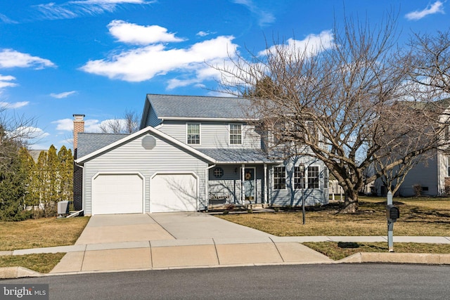 view of front of house featuring a front yard, central AC unit, driveway, an attached garage, and a shingled roof