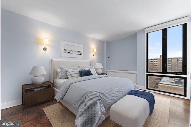 bedroom featuring floor to ceiling windows and baseboards