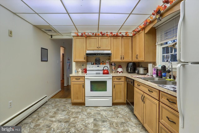 kitchen with under cabinet range hood, a baseboard heating unit, white appliances, a sink, and light countertops