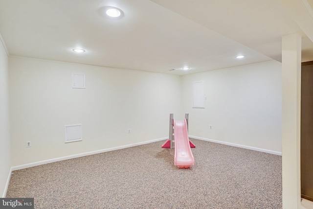 playroom with ornamental molding, carpet, baseboards, and recessed lighting