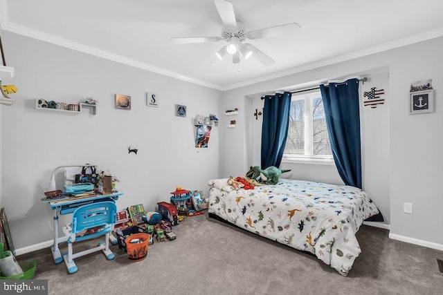 bedroom with baseboards, crown molding, and carpet