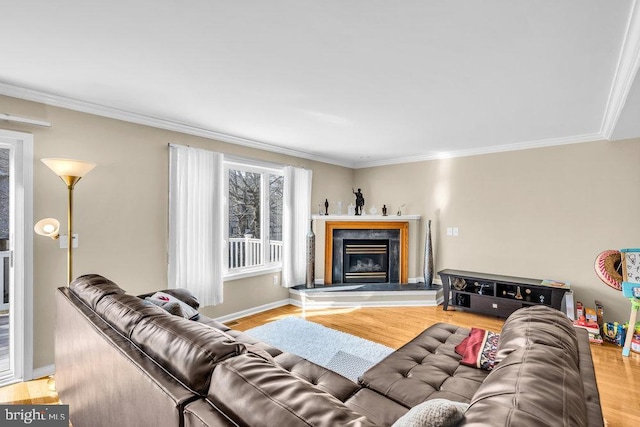 living area with a glass covered fireplace, crown molding, and wood finished floors